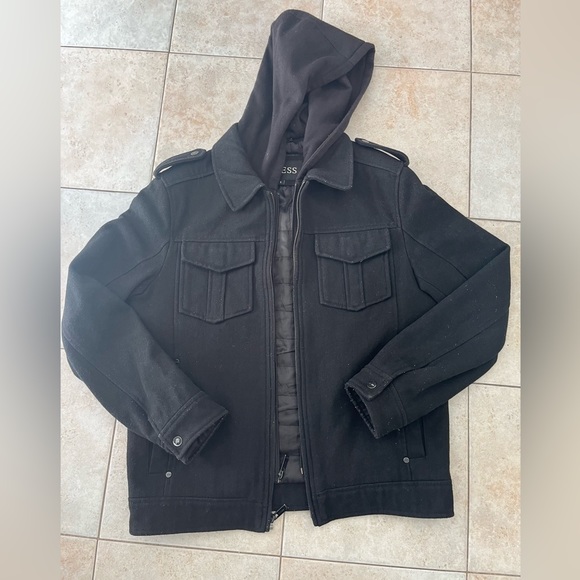 Guess Men’s Small Coat Jacket With removable Hoodie, Black - Picture 5 of 7